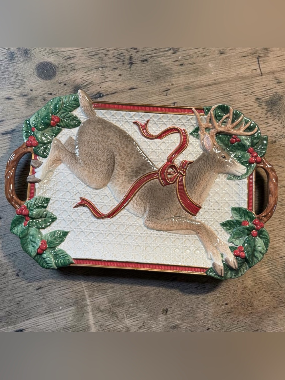Vintage Fitz & Floyd Classics Holiday Leaves Reindeer serving platter tray